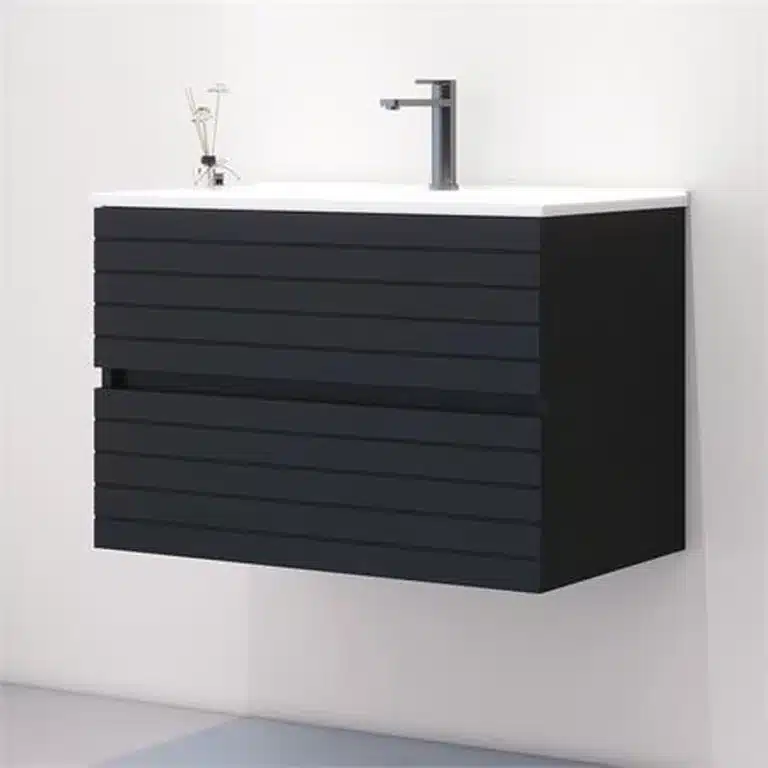 Mueble de baño suspendido negro 80 cm Carmine Benotti con lavabo cerámico blanco, vista lateral