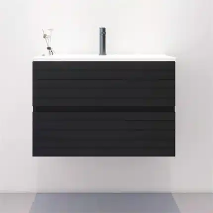 Mueble de baño suspendido negro 80 cm Carmine Benotti con dos cajones y lavabo cerámico, vista frontal