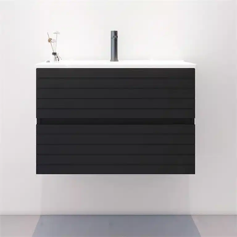 Mueble de baño suspendido negro 80 cm Carmine Benotti con dos cajones y lavabo cerámico, vista frontal