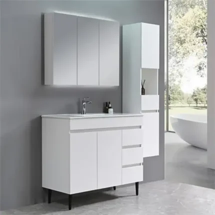 Mueble de lavabo blanco 100 cm con columna auxiliar y espejo con luz Serie Laia Benotti