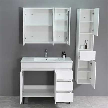 Almacenaje interior del mueble de lavabo Serie Laia Benotti con puertas, cajones, espejo y columna auxiliar abiertos