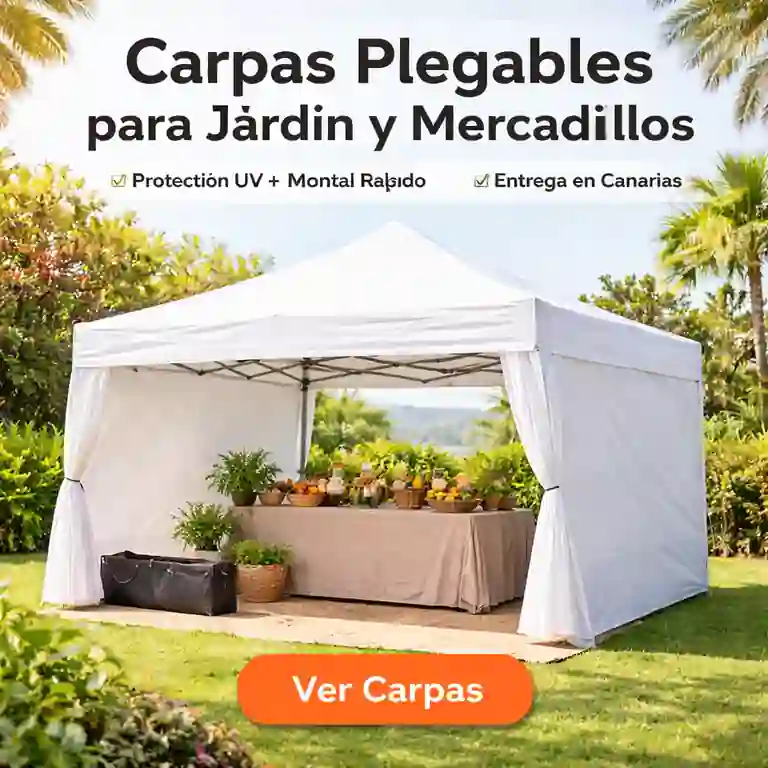 Carpa plegable tipo tijera con laterales para jardín y mercadillos, montaje rápido y entrega en Canarias.