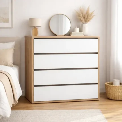 cómoda 35 cm fondo cambrian blanco de 4 cajones GP.055 en ambiente de dormitorio luminoso