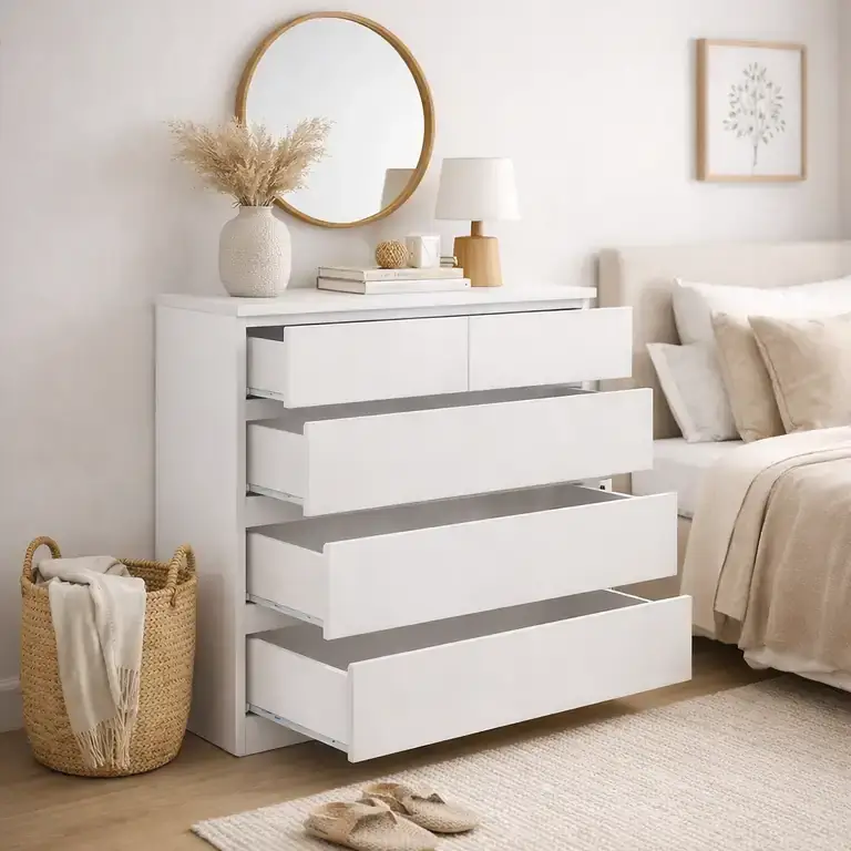 cómoda 5 cajones blanca con cajones abiertos en ambiente de dormitorio moderno