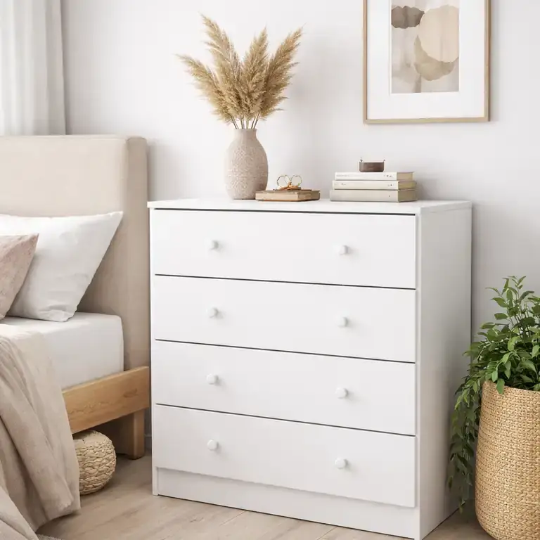Cómoda blanca 4 cajones 70 cm en dormitorio luminoso de estilo moderno