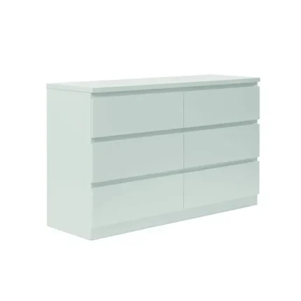 Cómoda blanca 6 cajones con diseño moderno y apertura tipo uñero vista frontal lateral