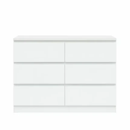 Cómoda blanca de 6 cajones vista frontal con proporción real y diseño moderno