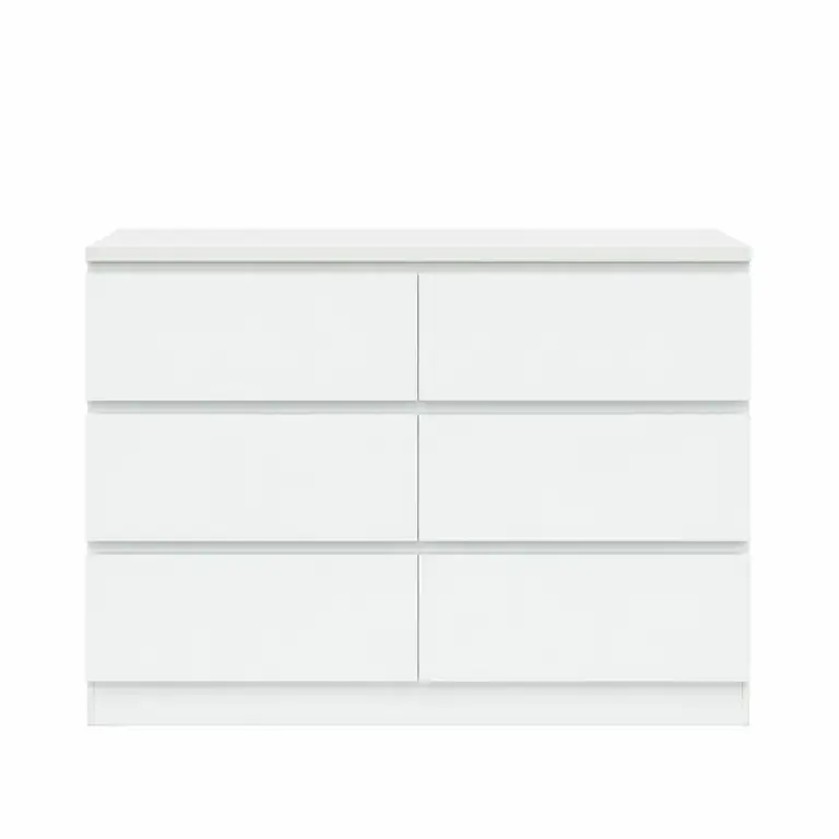 Cómoda blanca de 6 cajones vista frontal con proporción real y diseño moderno