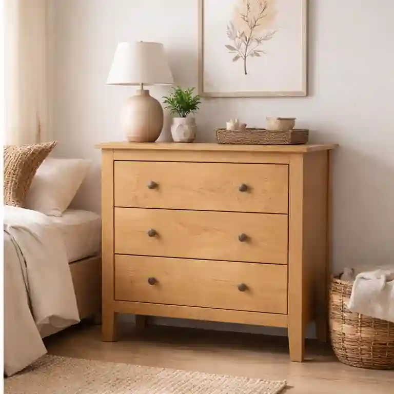 cómoda de madera maciza 3 cajones miel roble en dormitorio acogedor