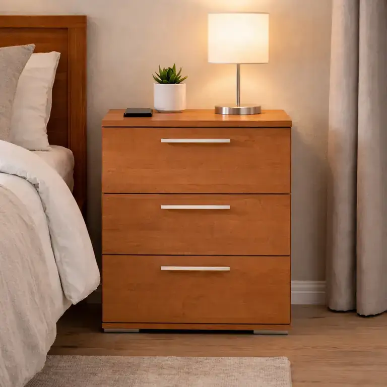 Mesita de noche 3 cajones cerezo en dormitorio moderno con vista frontal