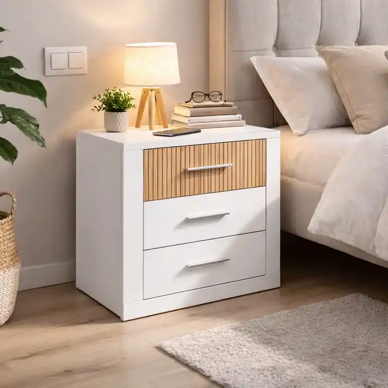 Mesita de noche nórdica 3 cajones Loira blanco tablilla en dormitorio moderno