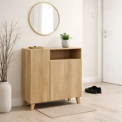 Recibidor zapatero 2 puertas acabado Cambrian en ambiente moderno de entrada con espejo redondo