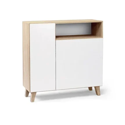 Recibidor zapatero 2 puertas Cambrian-Blanco con patas y hueco abierto en vista frontal