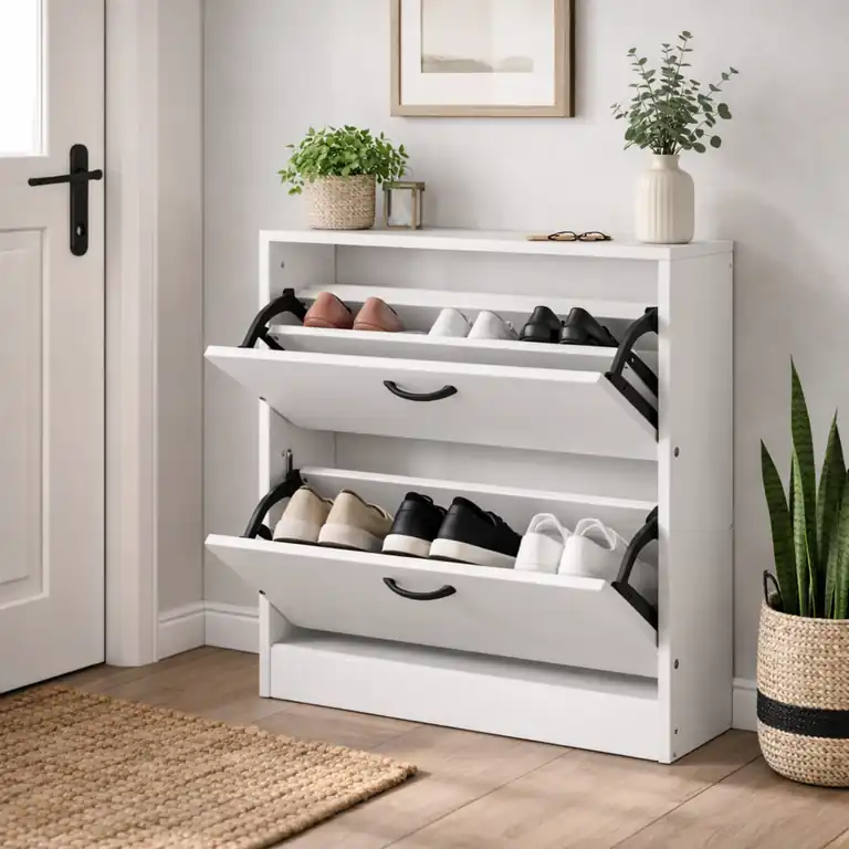 zapatero 2 puertas abatibles blanco en ambiente de recibidor con tiradores y herrajes negros