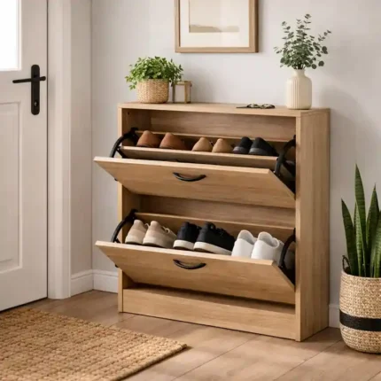 zapatero 2 puertas abatibles sonoma en ambiente de recibidor con tiradores y herrajes negros
