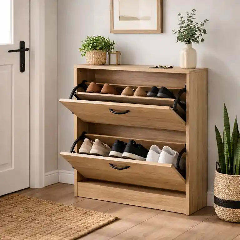 zapatero 2 puertas abatibles sonoma en ambiente de recibidor con tiradores y herrajes negros