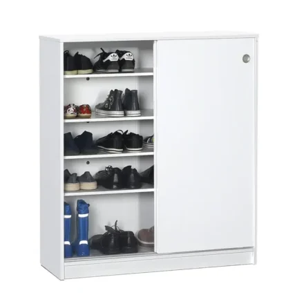 zapatero puertas correderas blanco con 5 estantes interiores vista frontal