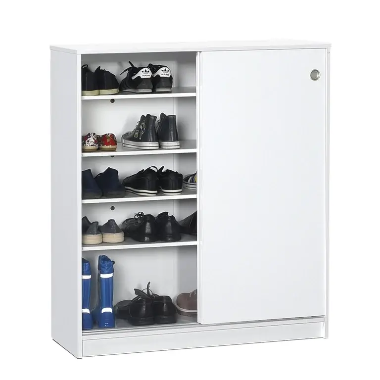 zapatero puertas correderas blanco con 5 estantes interiores vista frontal