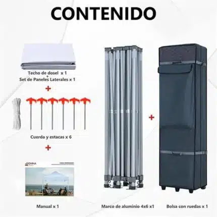 Contenido incluido en carpa profesional 4x6 Donna Garden con estructura de aluminio, estacas, paredes y bolsa con ruedas