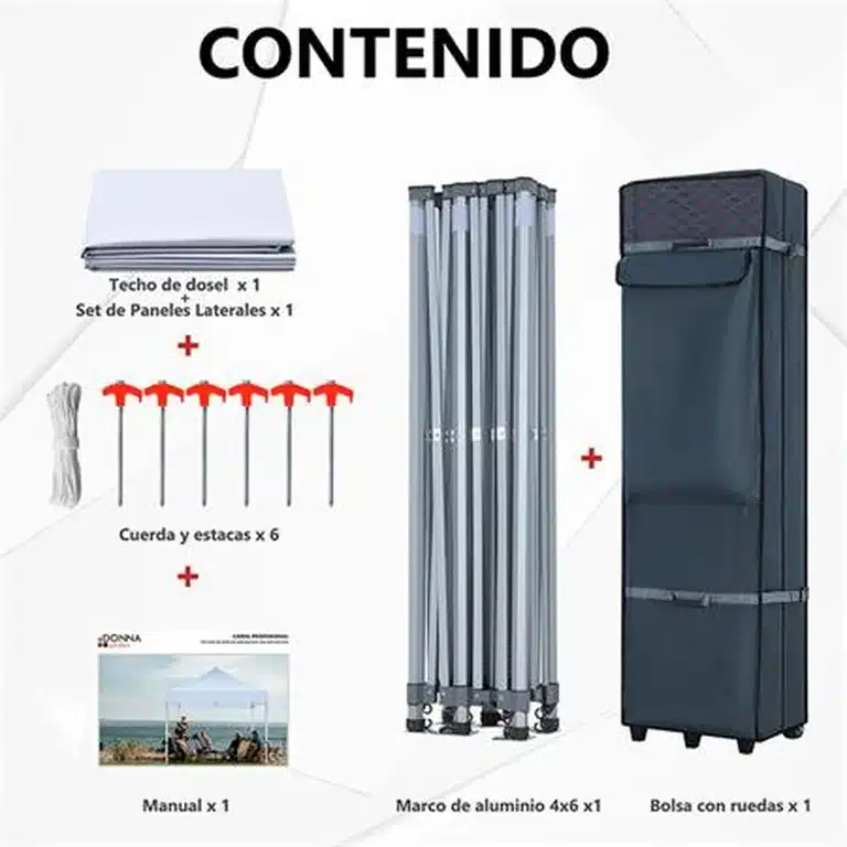 Contenido incluido en carpa profesional 4x6 Donna Garden con estructura de aluminio, estacas, paredes y bolsa con ruedas