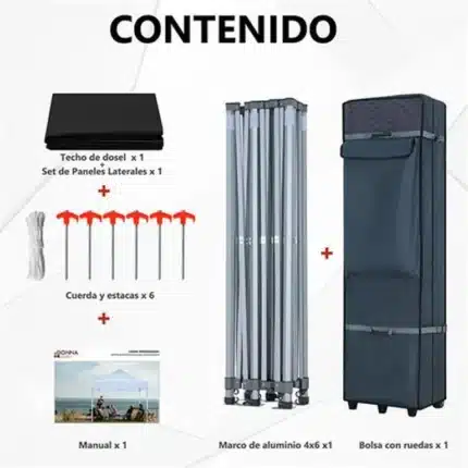 Contenido incluido en carpa profesional 4x6 negra Donna Garden con marco de aluminio, bolsa con ruedas, estacas y manual