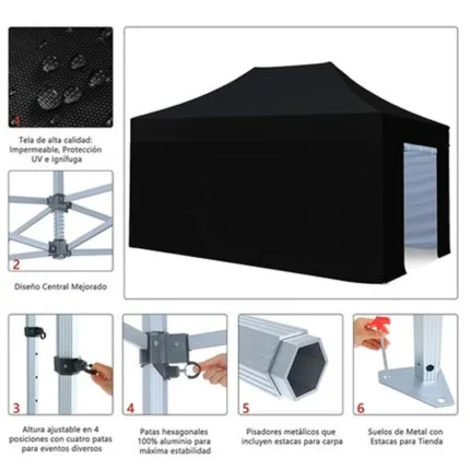 Detalles de carpa profesional 4x6 negra Donna Garden con patas hexagonales 50x50 mm, altura regulable y estructura de aluminio
