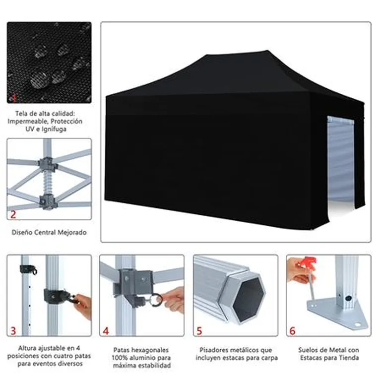 Detalles de carpa profesional 4x6 negra Donna Garden con patas hexagonales 50x50 mm, altura regulable y estructura de aluminio