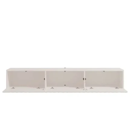 Mueble TV Antibes blanco abierto con tres compartimentos interiores y puertas abatibles