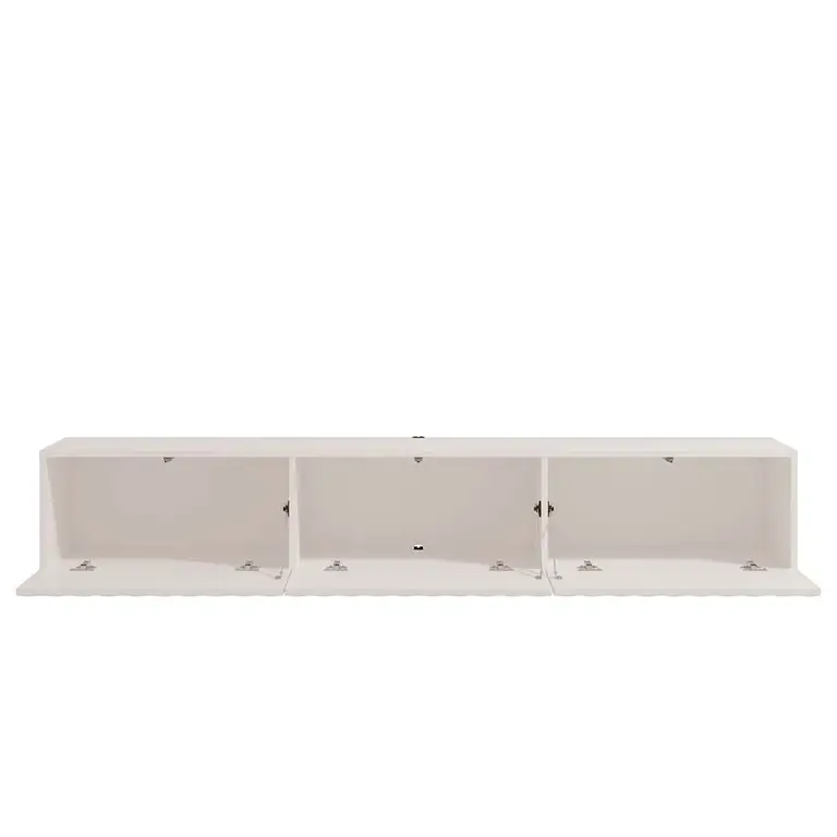 Mueble TV Antibes blanco abierto con tres compartimentos interiores y puertas abatibles