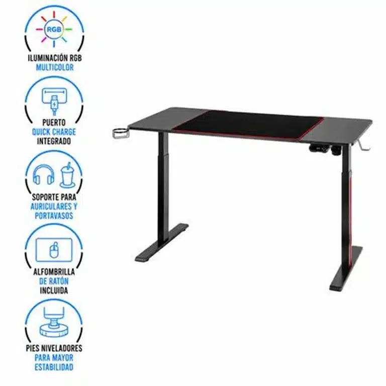 Mesa gaming RGB con Quick Charge portavasos soporte para auriculares y alfombrilla incluida