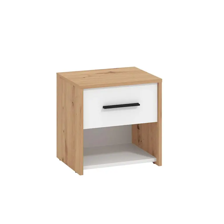 Mesita de noche Varadero Artisan y blanco con cajón y hueco abierto