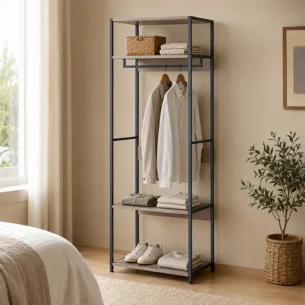 Vestidor abierto de 60 cm con barra y estantes en dormitorio