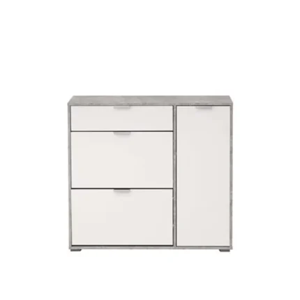 Zapatero con cajón y 3 puertas Arco 2 cemento y blanco vista frontal