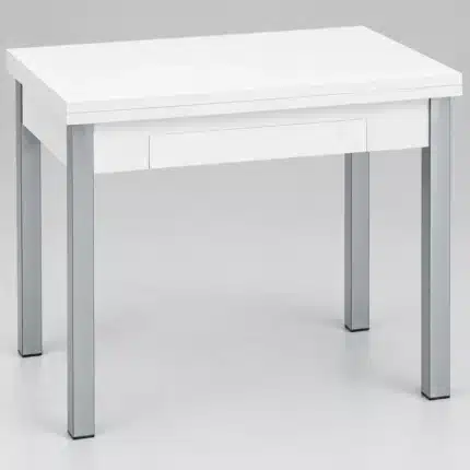Mesa libro de cocina blanca y plata vista frontal con cajón central
