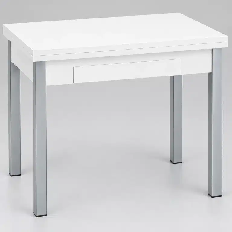 Mesa libro de cocina blanca y plata vista frontal con cajón central