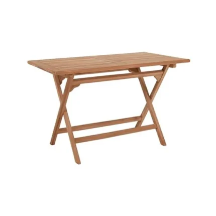 Mesa rectangular plegable de teca 120x70 cm con tablero de lamas y patas cruzadas