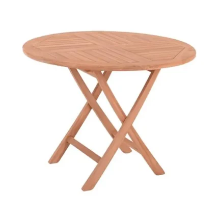 Mesa redonda plegable de teca de 100 cm con tablero de lamas radiales y patas cruzadas