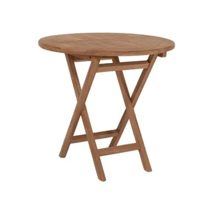 Mesa redonda plegable de teca de 80 cm con tablero de lamas y patas cruzadas
