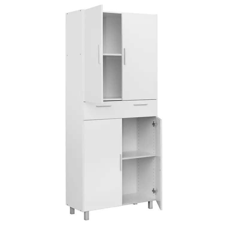Interior del armario multiusos de 4 puertas y cajón blanco