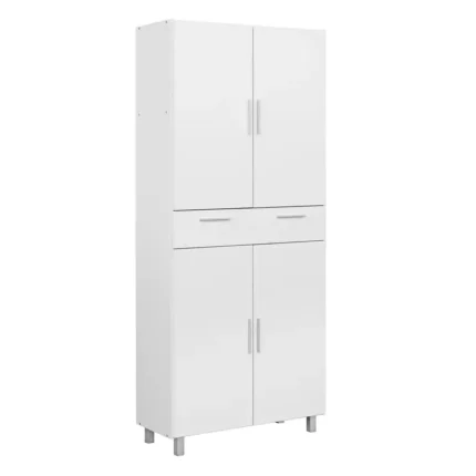 Armario multiusos de 4 puertas y cajón blanco visto de frente