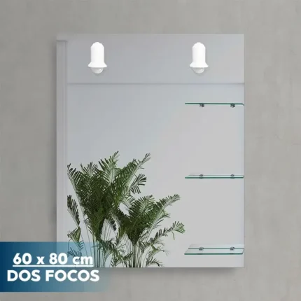 Espejo de baño Benotti 60x80 con tres repisas y dos focos