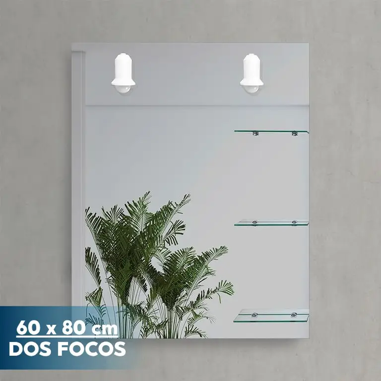 Espejo de baño Benotti 60x80 con tres repisas y dos focos