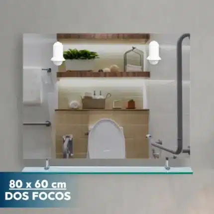Espejo de baño Benotti 80x60 con repisa y dos focos