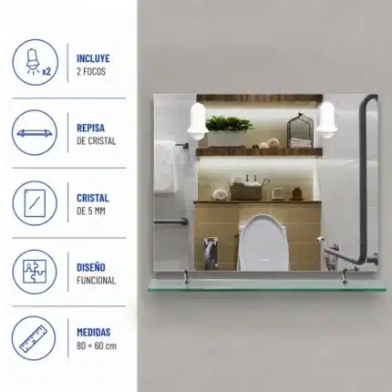 Vista adicional del espejo de baño Benotti con dos focos