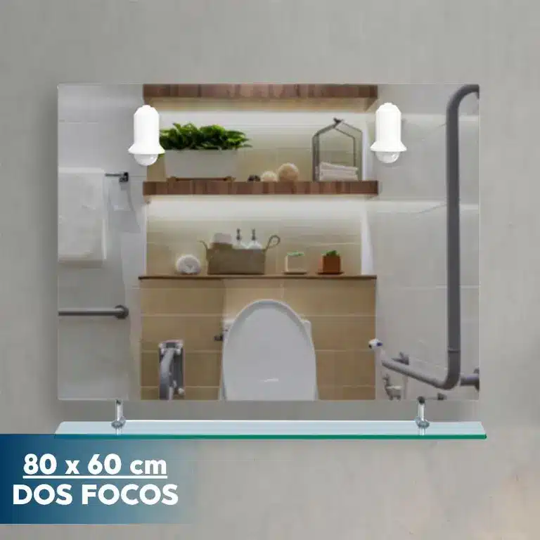 Espejo de baño Benotti 80x60 con repisa y dos focos