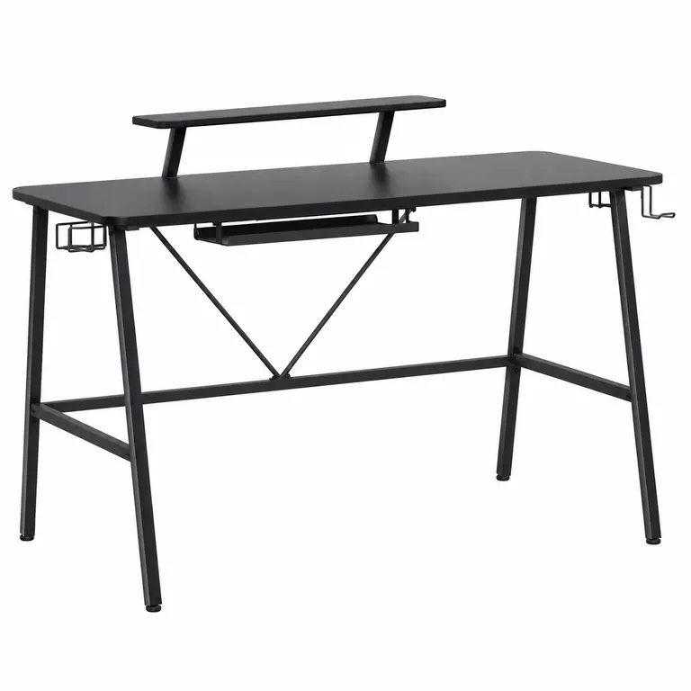 Mesa gaming con soporte para monitor negra de 120x60 cm, con repisa elevada y estructura metálica