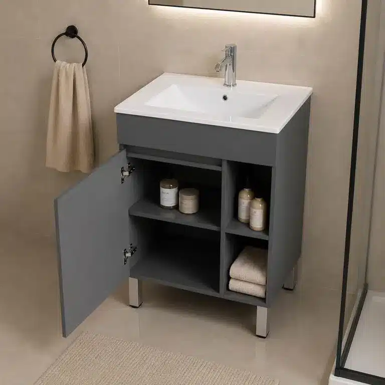 Detalle del acabado gris del mueble de baño Roxana