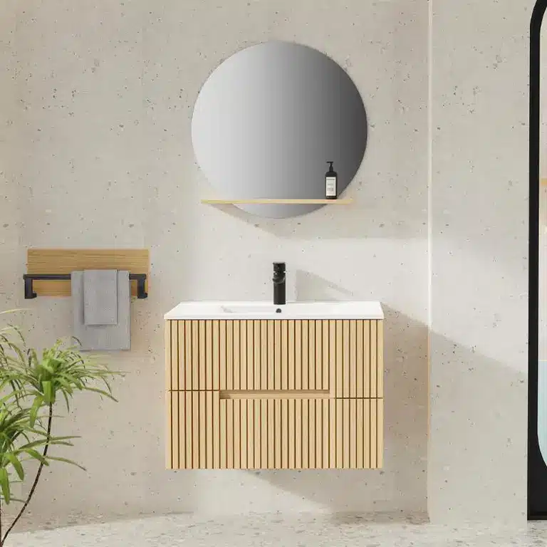 mueble baño suspendido Leo 80 cm haya con espejo