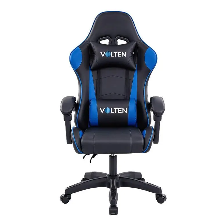 Vista frontal de la Volten VLFORCE 2200 negra y azul con reposabrazos acolchados