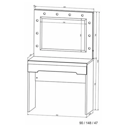 Medidas del tocador camerino blanco N-62 de 90 × 47 × 148 cm